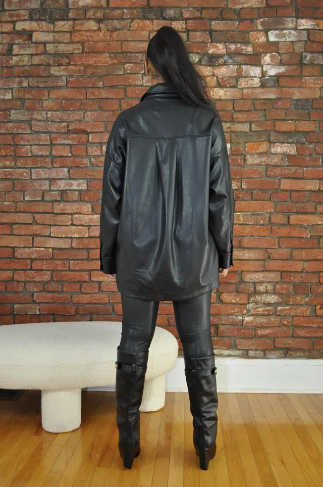 Leatherette Button Up Shirt- Black