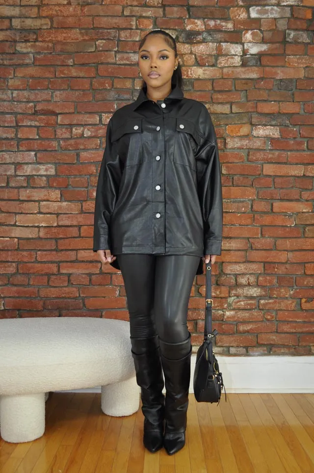Leatherette Button Up Shirt- Black