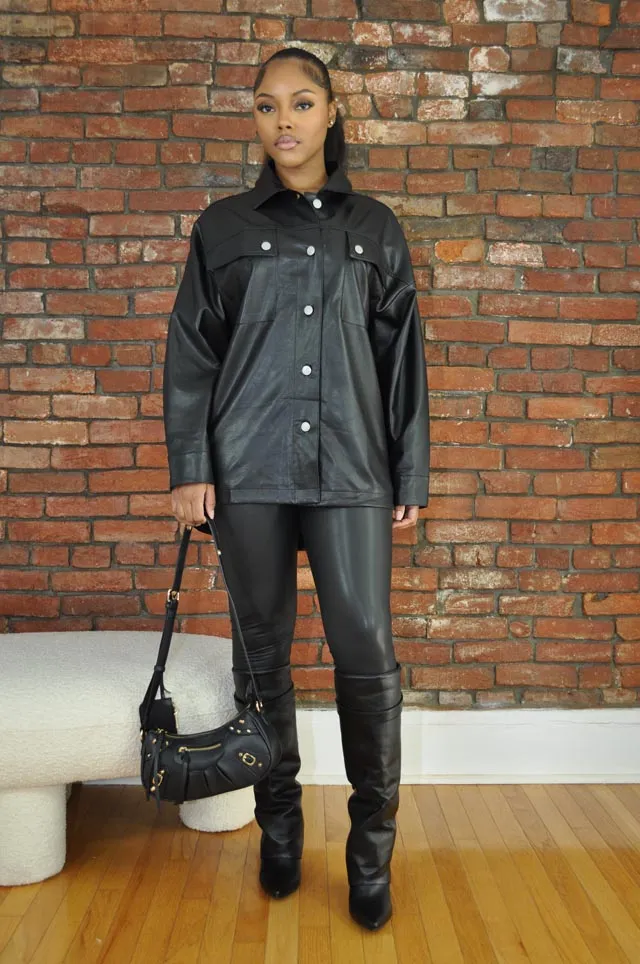 Leatherette Button Up Shirt- Black