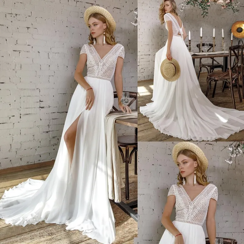 Long Beach Short Sleeves Bridal Gown