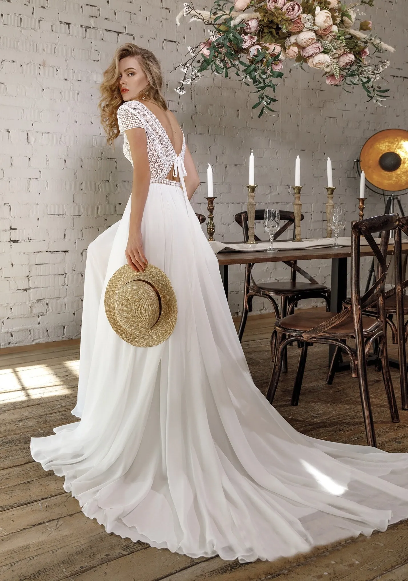 Long Beach Short Sleeves Bridal Gown