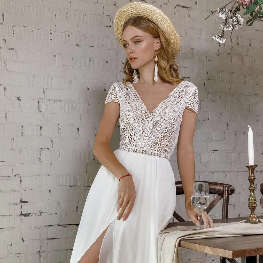 Long Beach Short Sleeves Bridal Gown