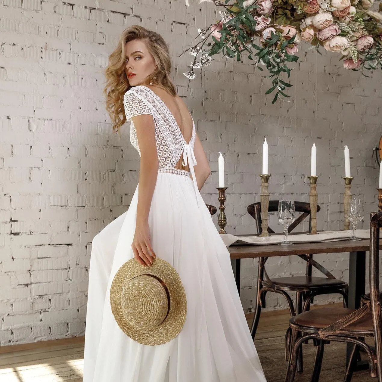 Long Beach Short Sleeves Bridal Gown