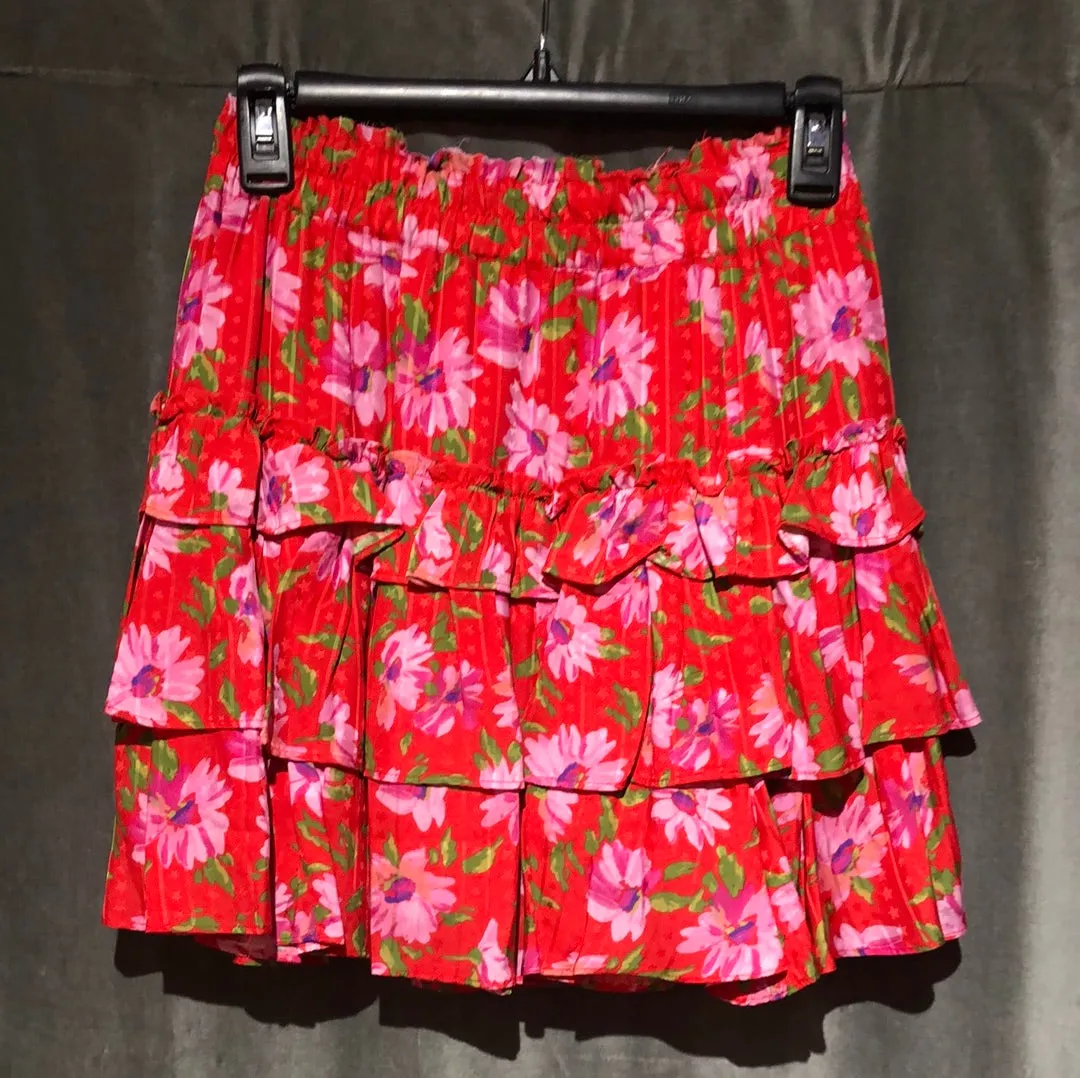 Love Shack Fancy Red and pink Floral Teired Mini Skirt