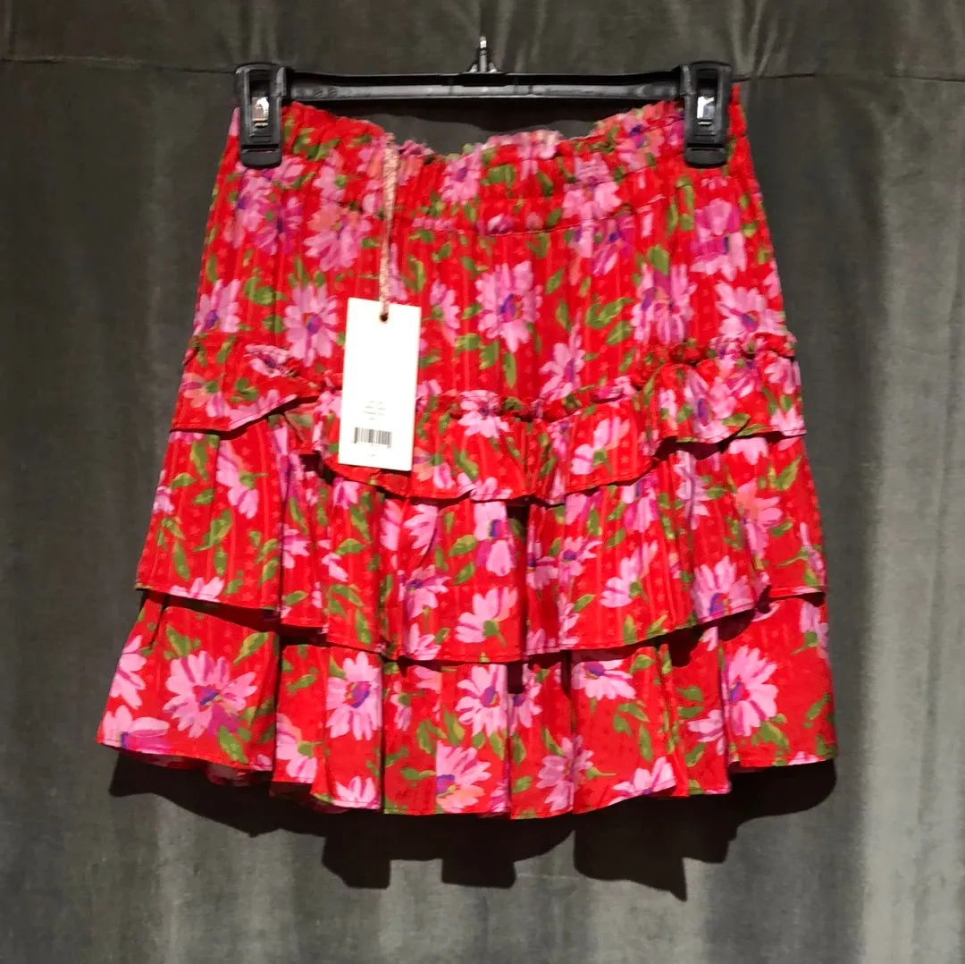 Love Shack Fancy Red and pink Floral Teired Mini Skirt