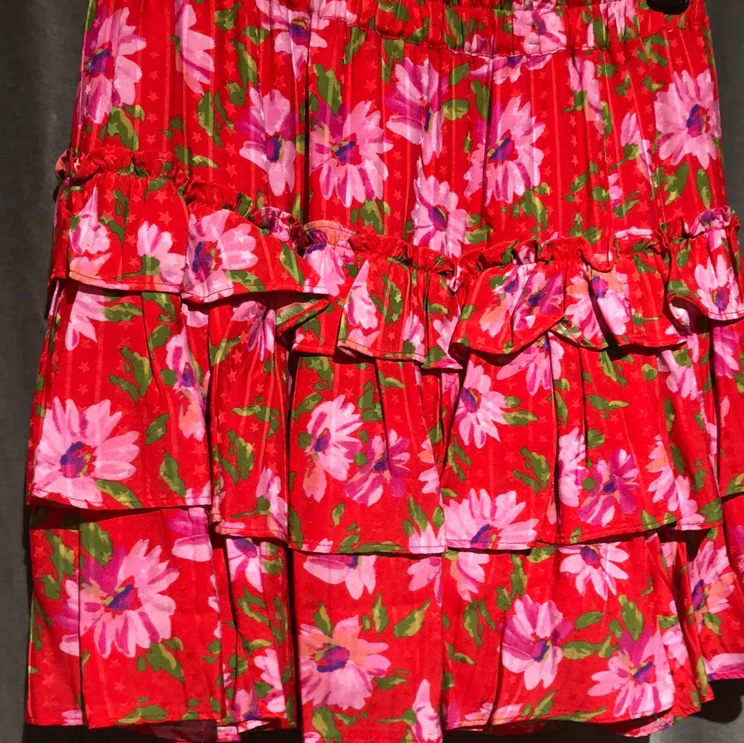 Love Shack Fancy Red and pink Floral Teired Mini Skirt