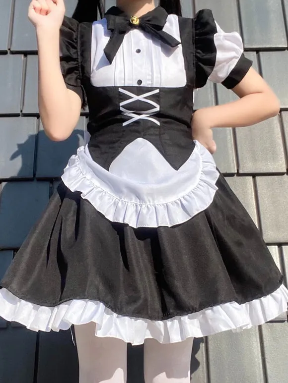 Maid Lolita Dresses Ruffles Bows Bandage Black Lolita Dress
