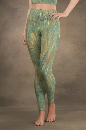 Marbled Twill Yoga Leggings: Green Fireworks