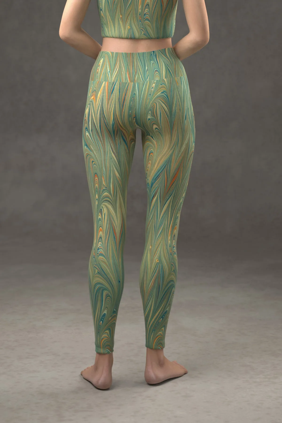 Marbled Twill Yoga Leggings: Green Fireworks