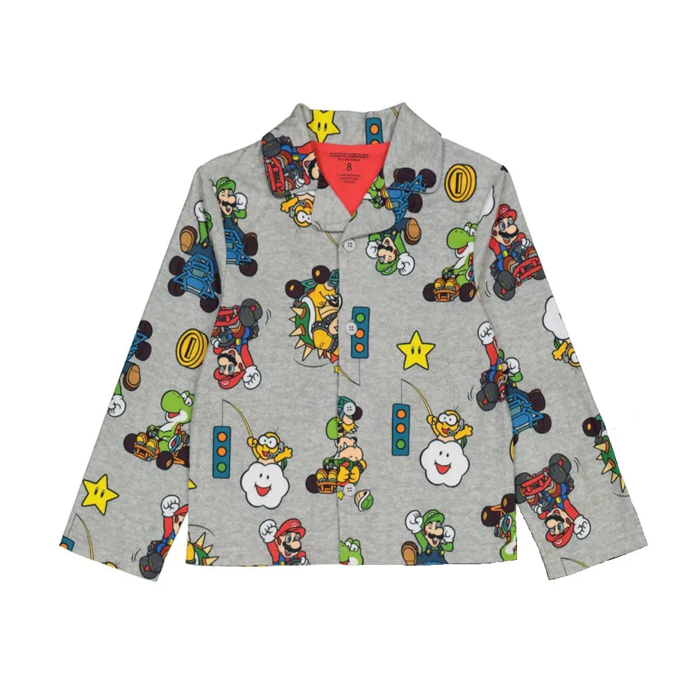 Mario Kart Boys Pajama Set, Long Sleeve Coat-Style Top and Pants 2-Piece PJ Outfit, 4-10, Gray