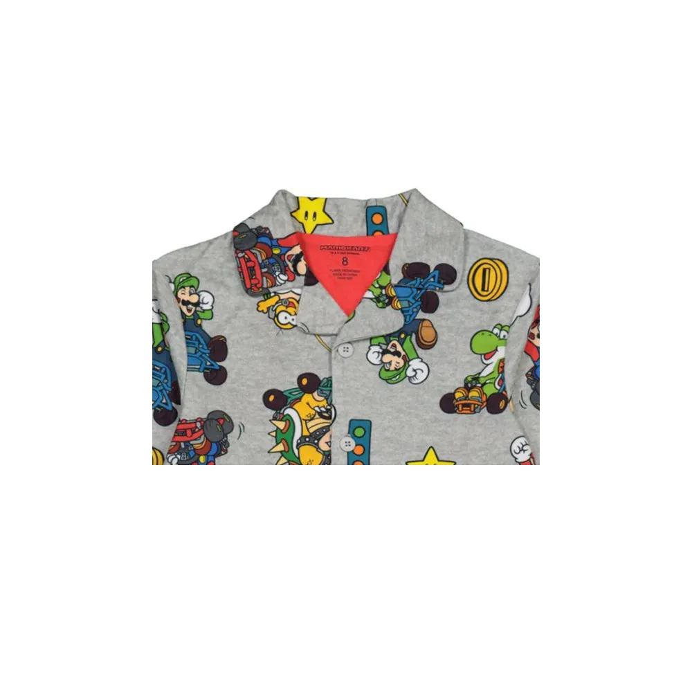 Mario Kart Boys Pajama Set, Long Sleeve Coat-Style Top and Pants 2-Piece PJ Outfit, 4-10, Gray