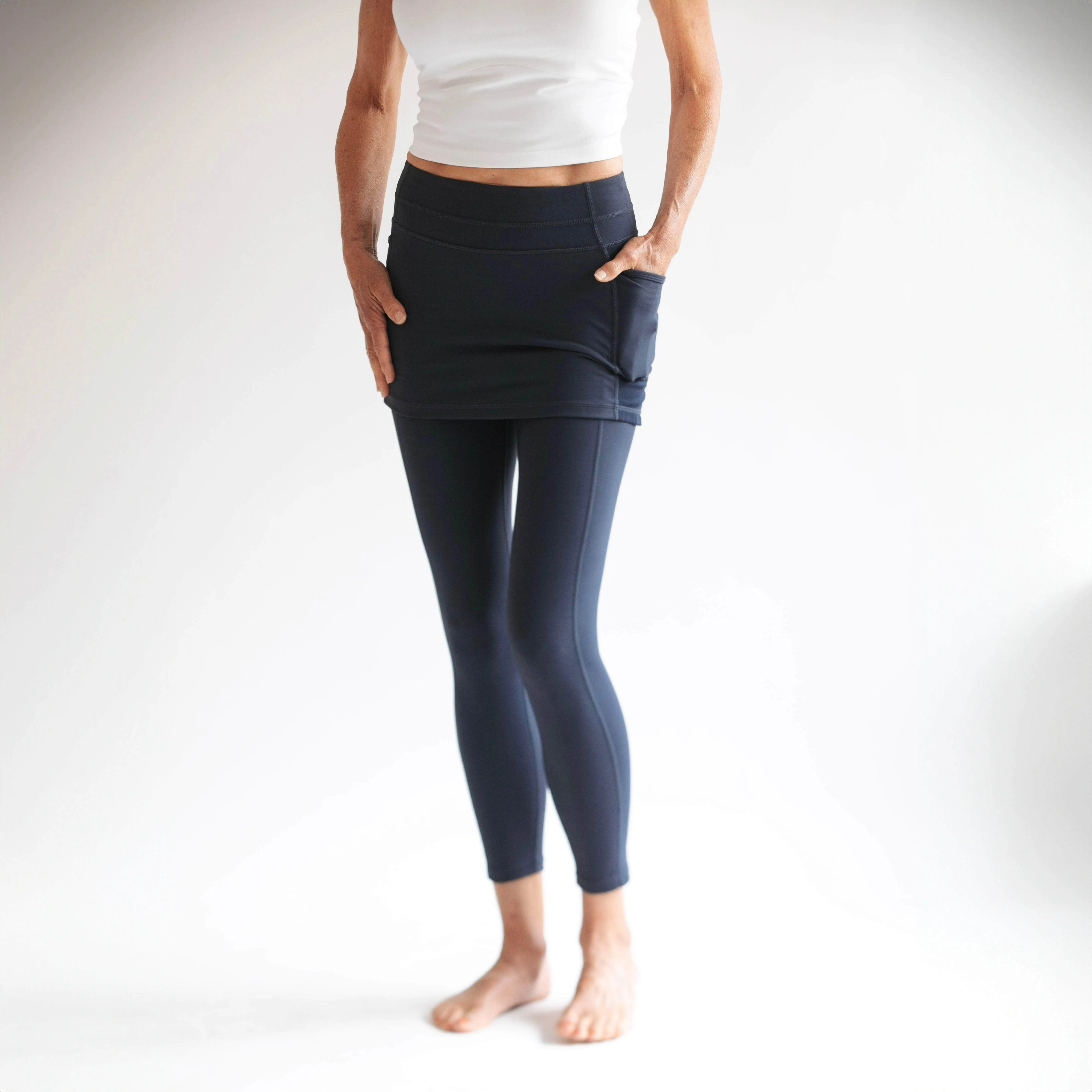 Midnight Dark Navy Blue 7/8th's Ankle Length Skirted Leggings with Pockets