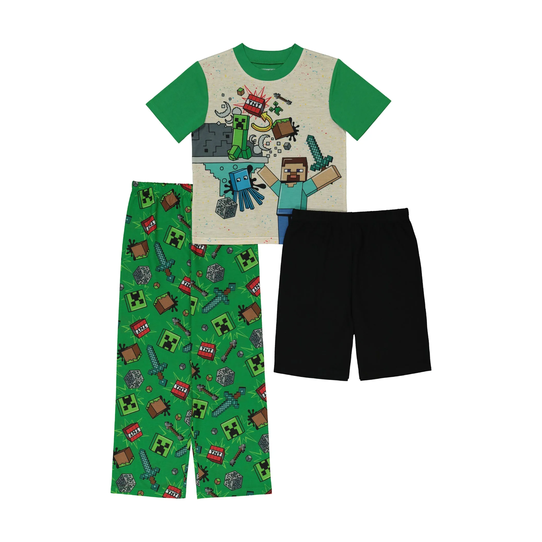 Minecraft Boys Pajamas Short Sleeve Kids PJs 3pc Set Sizes 6-12