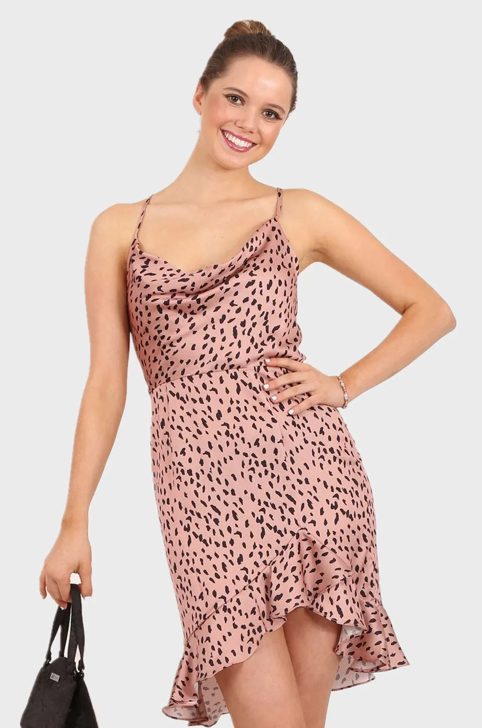 MISS PINKI Amy leopard print ruffle satin slip dress in mocca