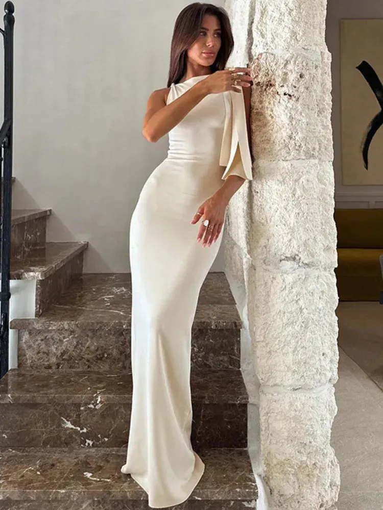 Mozision Diagonal Collar Off-Shoulder Maxi Dress