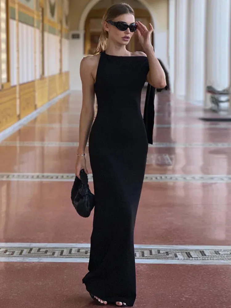 Mozision Diagonal Collar Off-Shoulder Maxi Dress