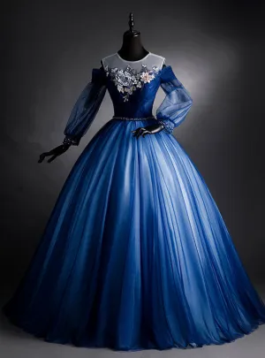 Navy Blue Tulle Long Sleeve Backless Quinceanera Dresses