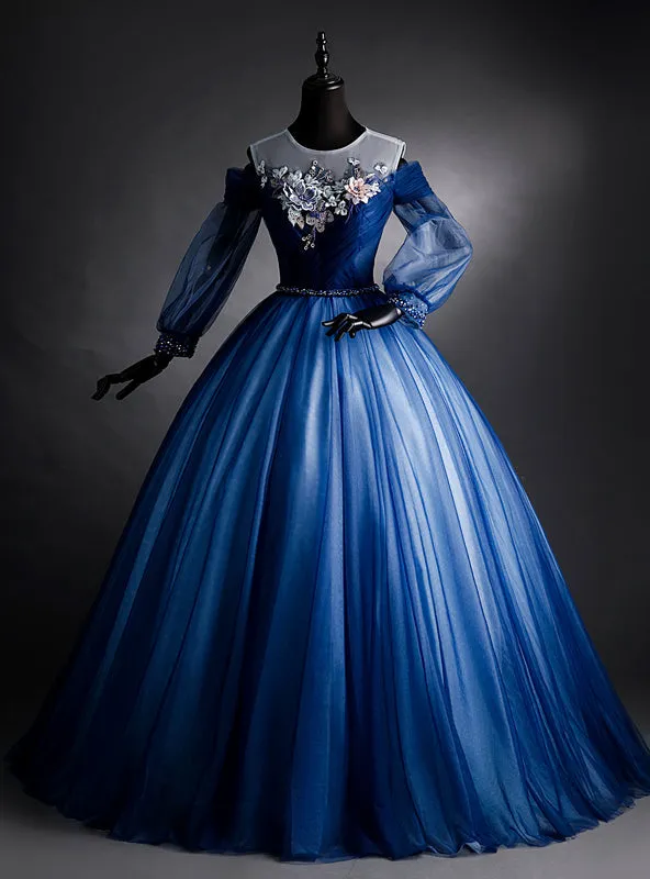 Navy Blue Tulle Long Sleeve Backless Quinceanera Dresses