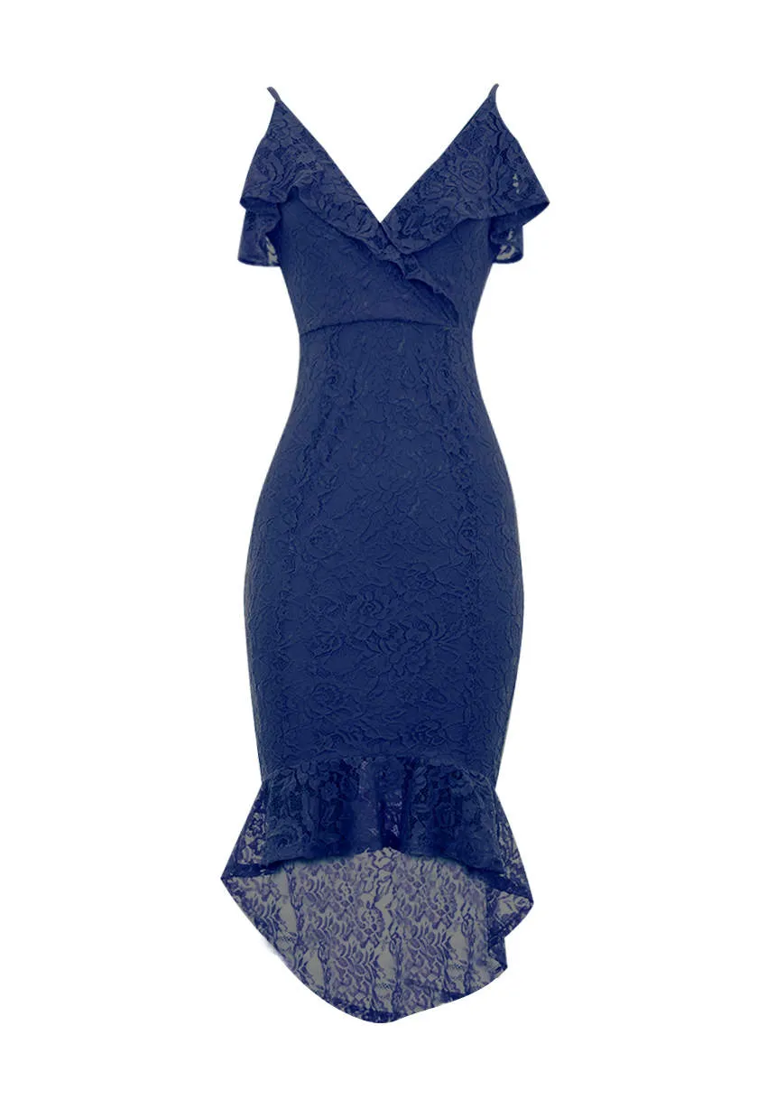Navy Lace Fishtail Hem Bodycon Dress