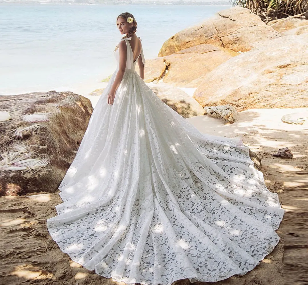 New Special Satin Lace A-line Wedding Dresses  Vestido De Casamento V-neck Backless Bow Wedding Gowns Trouwjurk