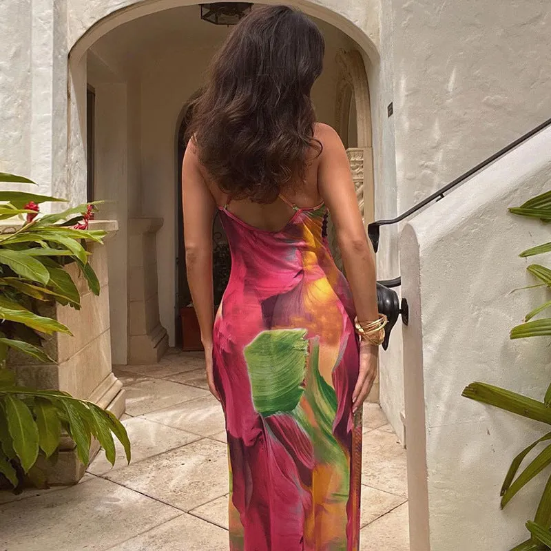 Nicole || European American Fashion Floral Print Slim Fit Backless Spaghetti Straps Dress