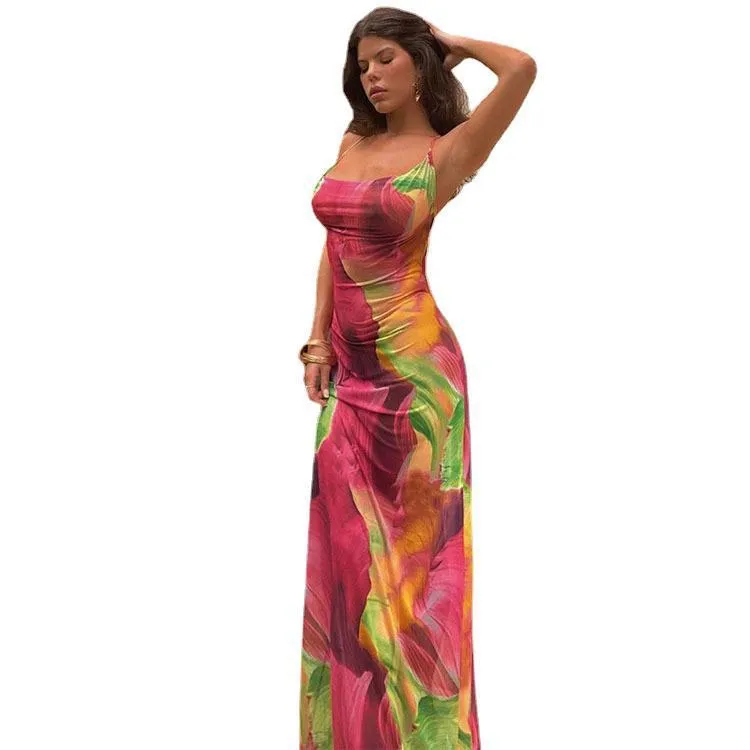 Nicole || European American Fashion Floral Print Slim Fit Backless Spaghetti Straps Dress