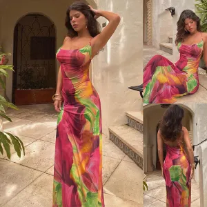 Nicole || European American Fashion Floral Print Slim Fit Backless Spaghetti Straps Dress