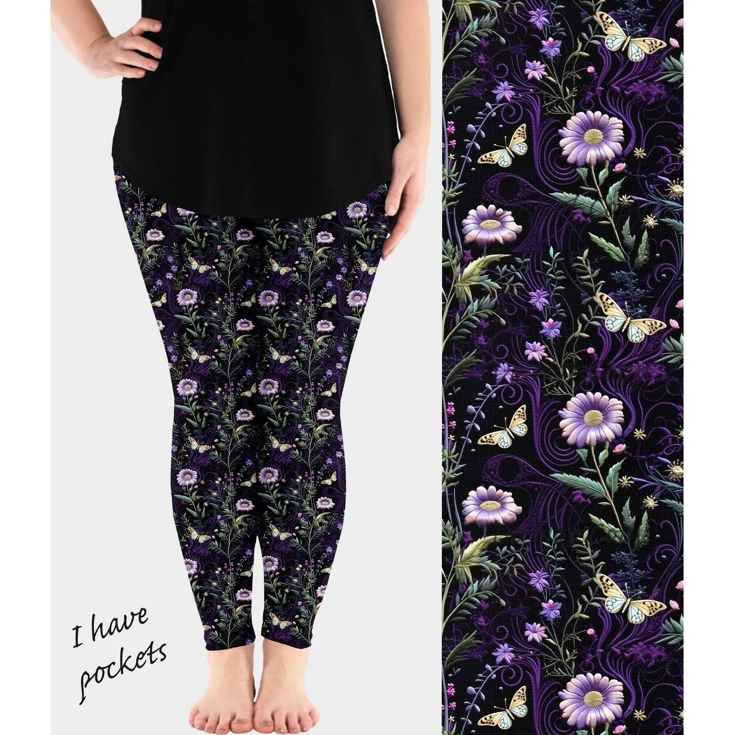 Night Garden Embroidery Leggings with Pockets