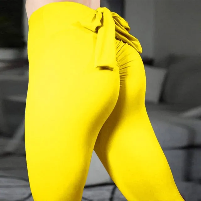 NORMOV Sexy Bow Leggings Women High Waist Elastic Push Up Fitness Leggings Femme Slim Solid Color Workout Leeging Femme Casual