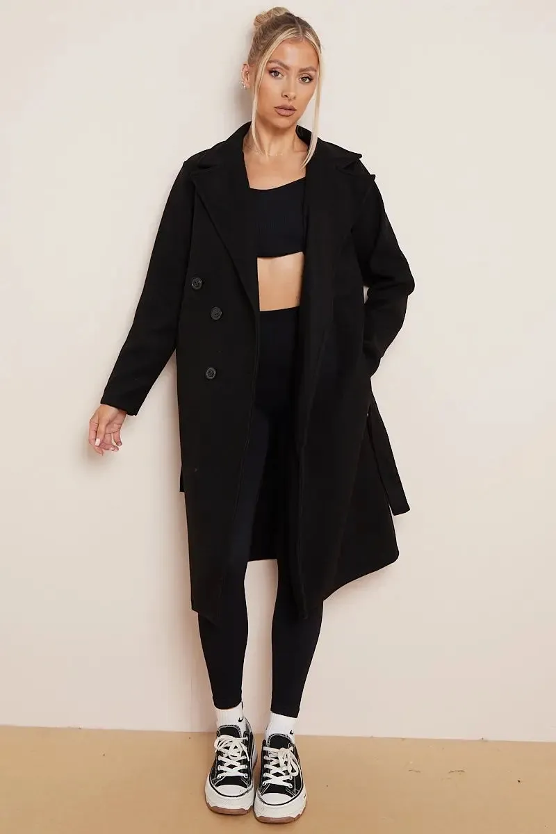 Notch Lapel Double Breasted Waist Tie Thermal Coat