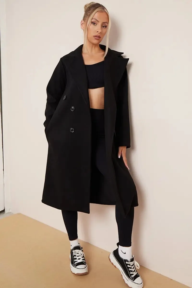 Notch Lapel Double Breasted Waist Tie Thermal Coat