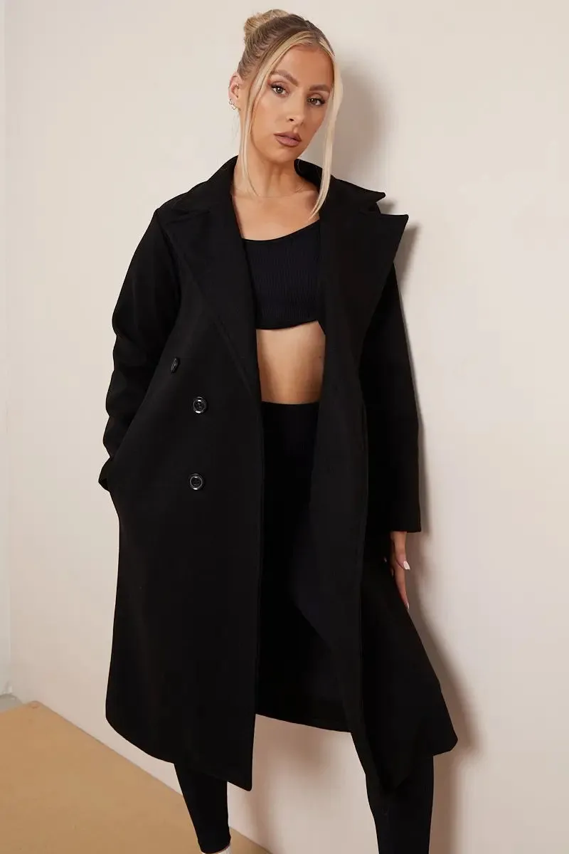 Notch Lapel Double Breasted Waist Tie Thermal Coat