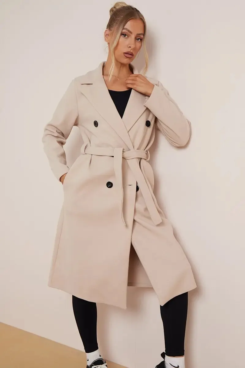 Notch Lapel Double Breasted Waist Tie Thermal Coat