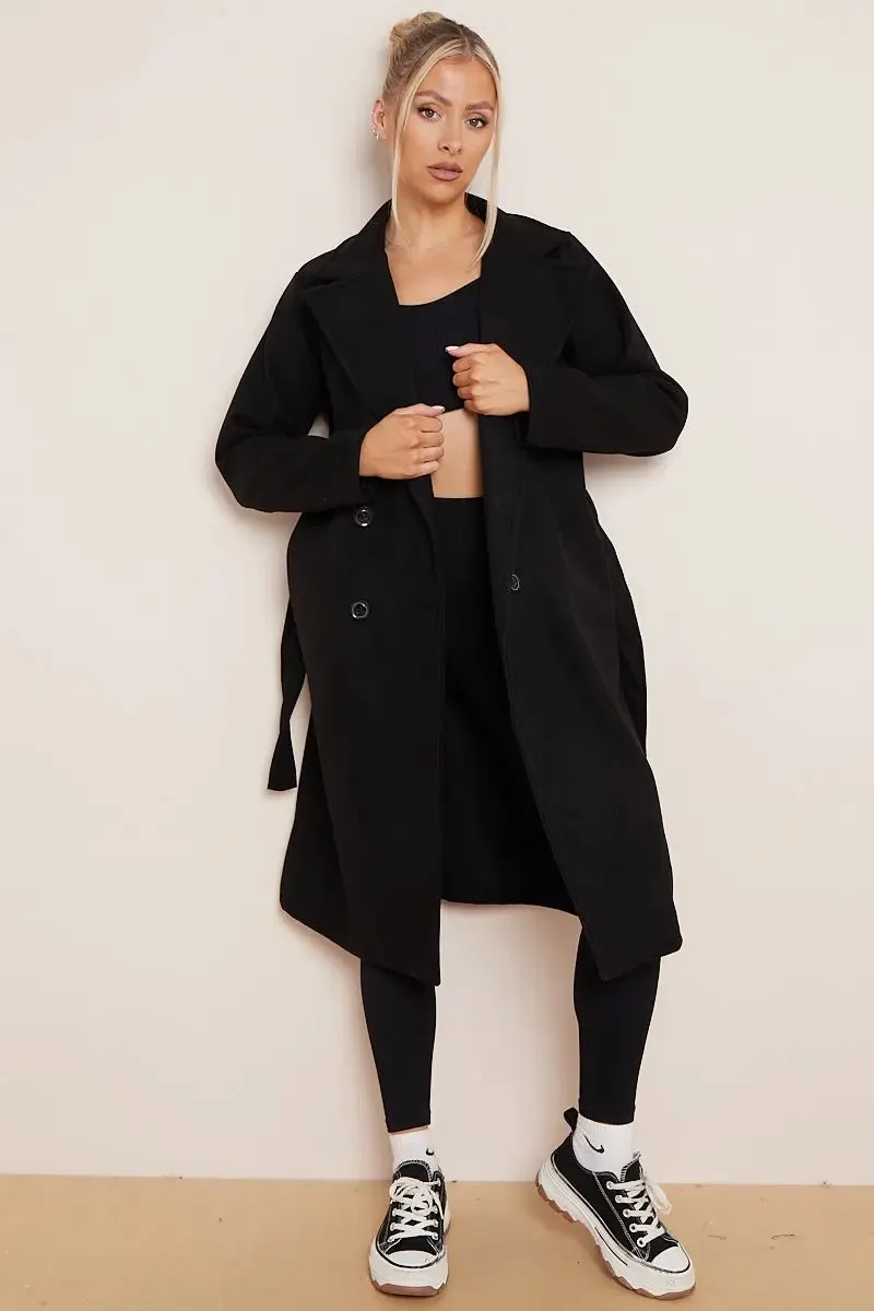 Notch Lapel Double Breasted Waist Tie Thermal Coat