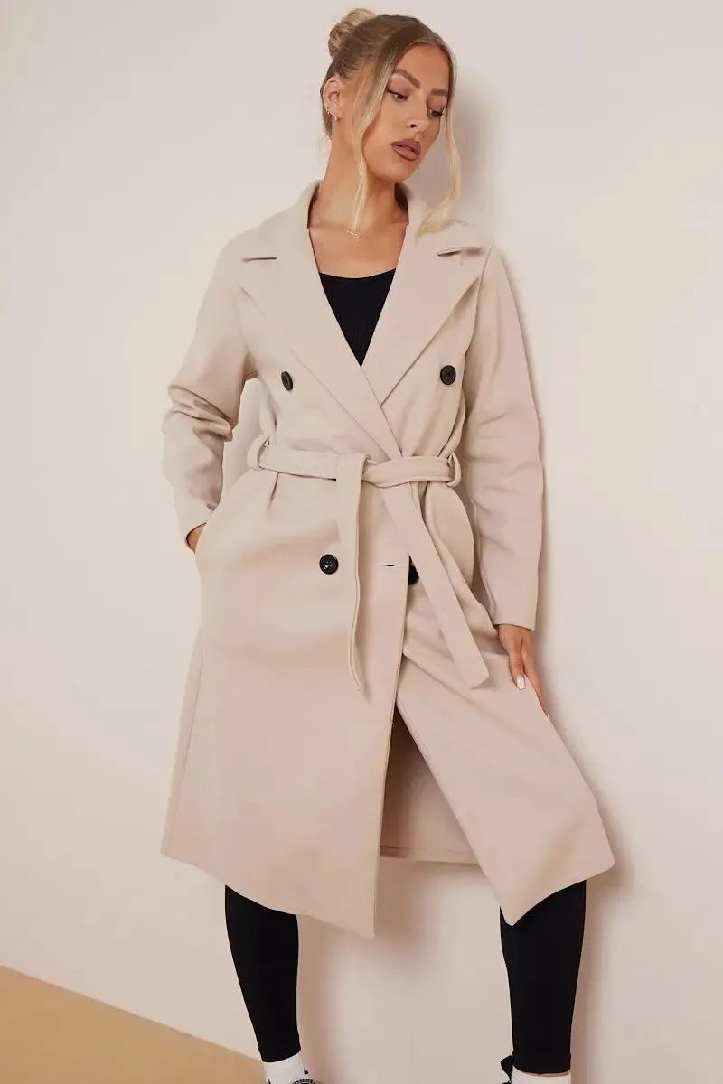 Notch Lapel Double Breasted Waist Tie Thermal Coat