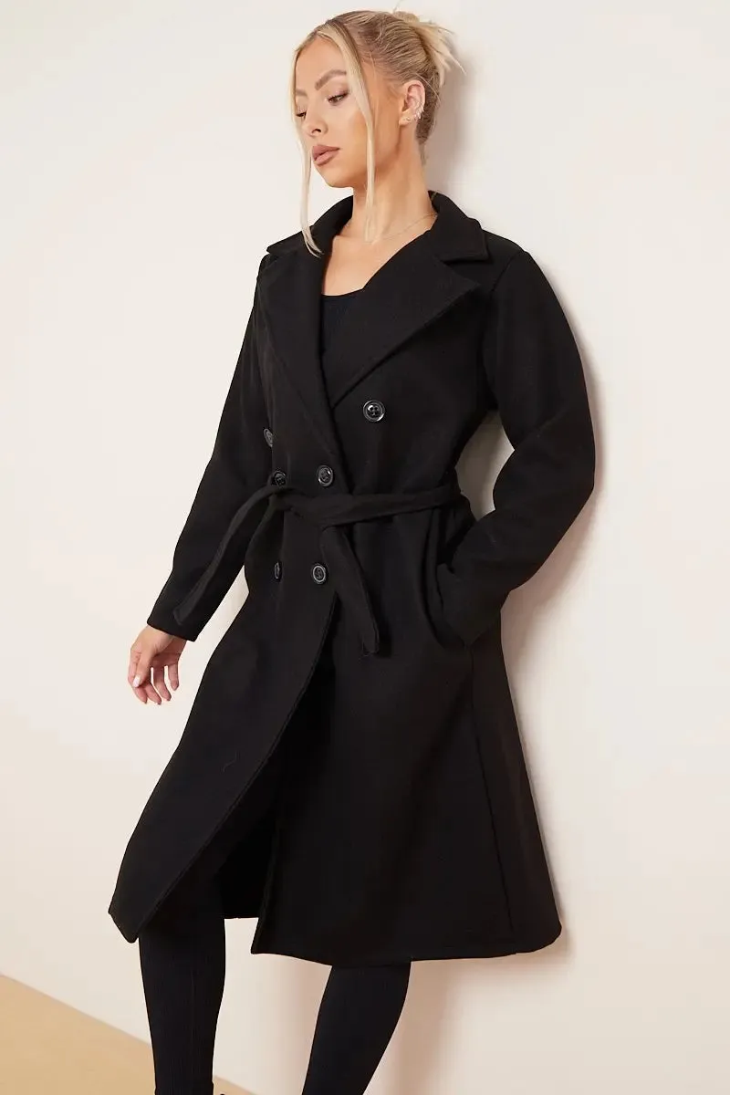 Notch Lapel Double Breasted Waist Tie Thermal Coat