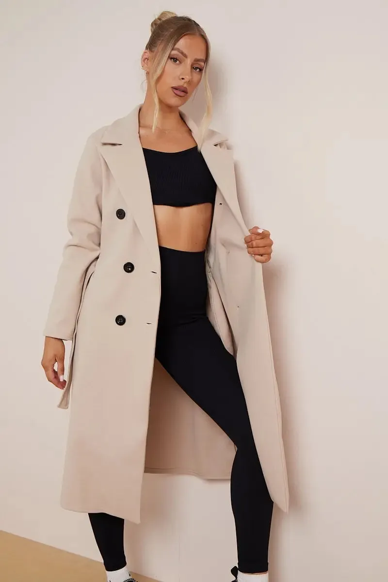 Notch Lapel Double Breasted Waist Tie Thermal Coat