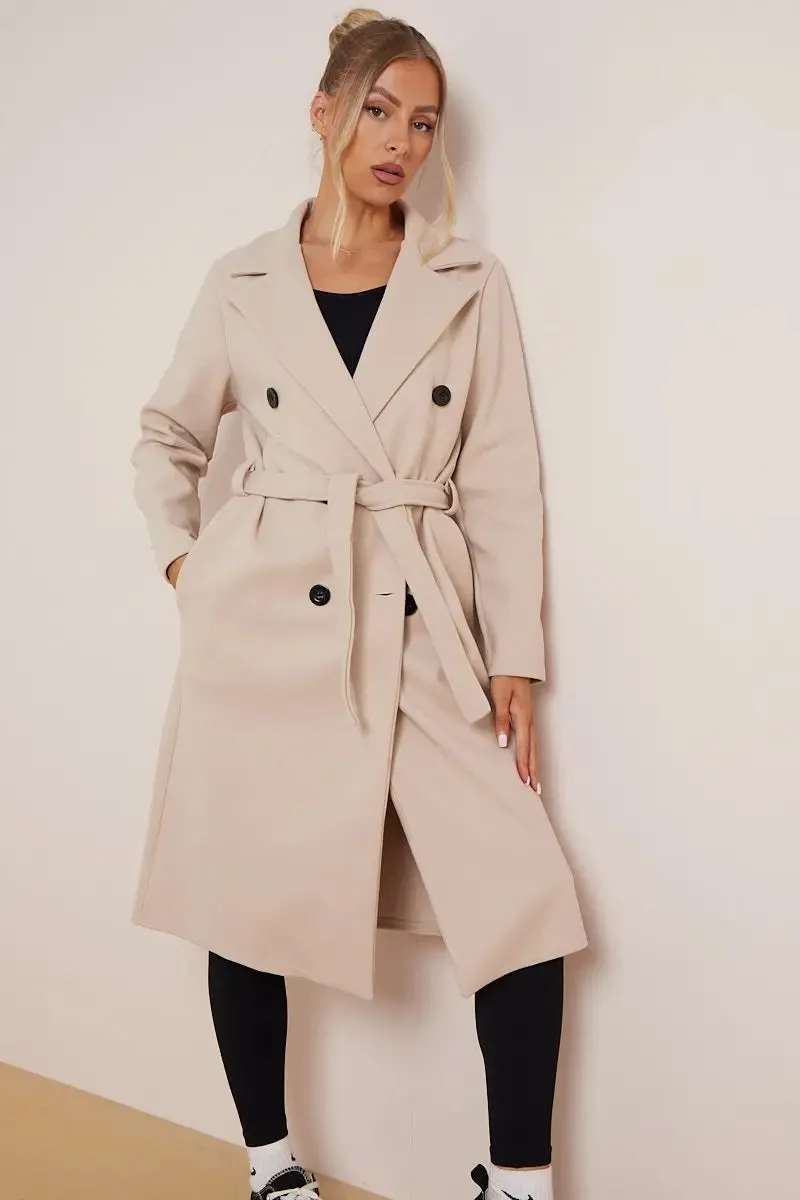 Notch Lapel Double Breasted Waist Tie Thermal Coat