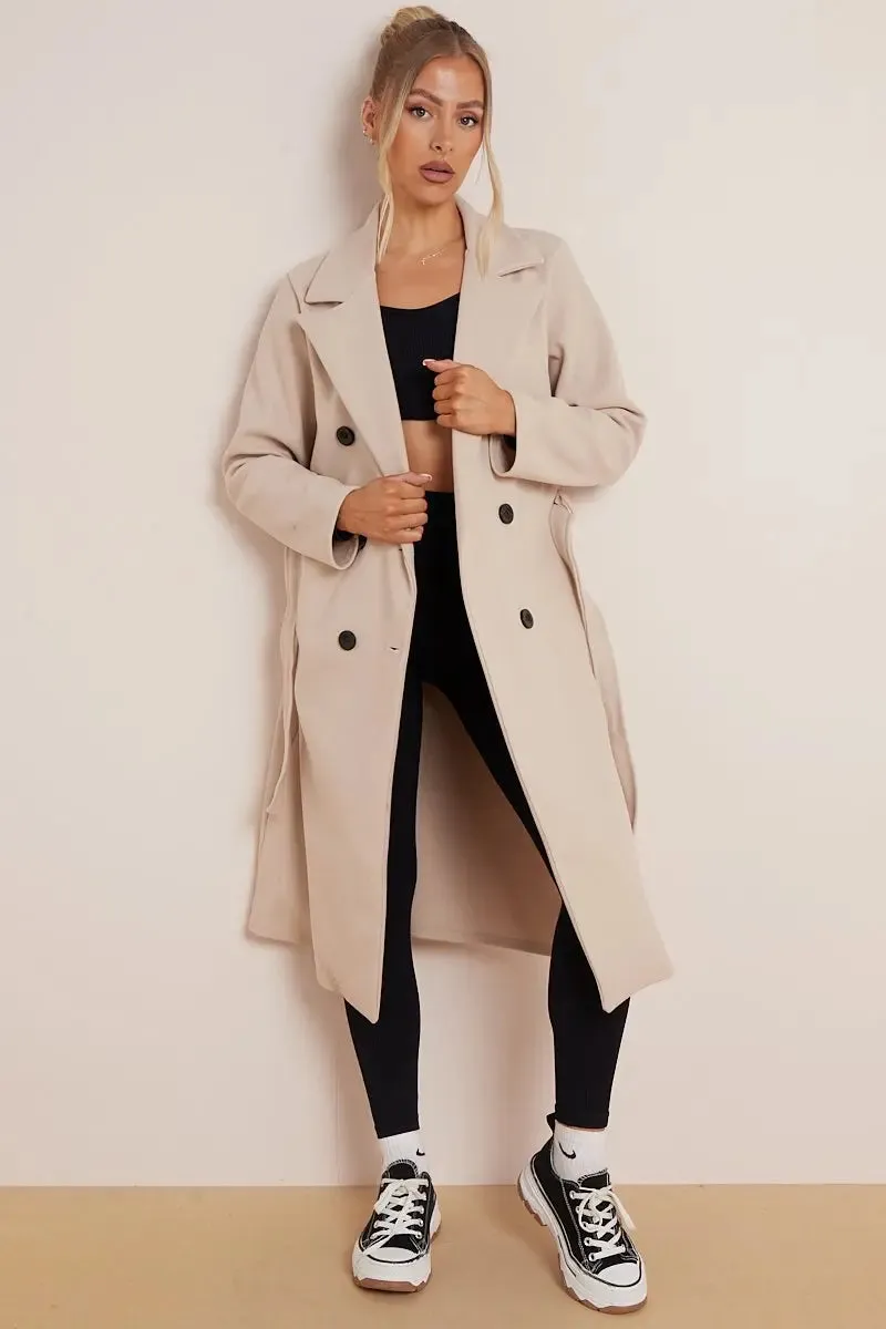 Notch Lapel Double Breasted Waist Tie Thermal Coat