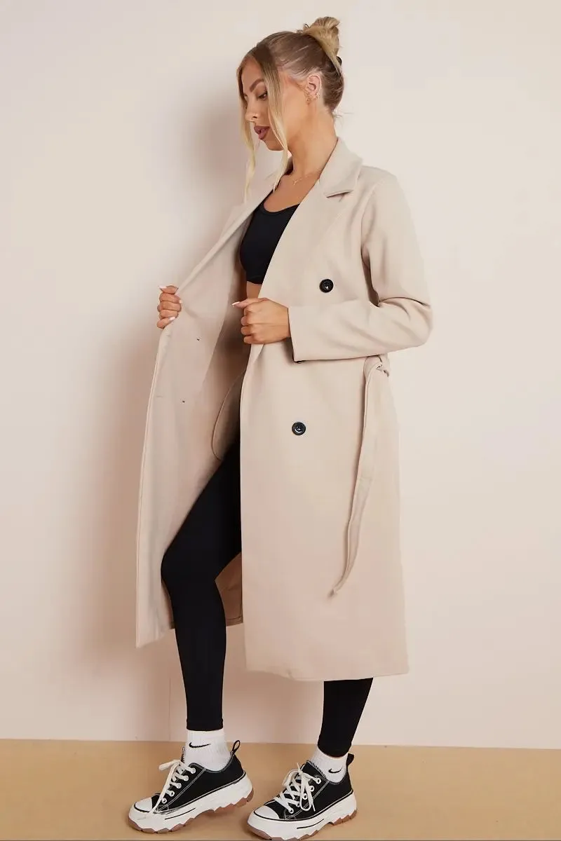 Notch Lapel Double Breasted Waist Tie Thermal Coat