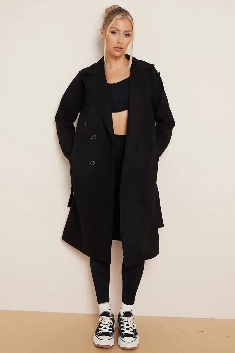 Notch Lapel Double Breasted Waist Tie Thermal Coat