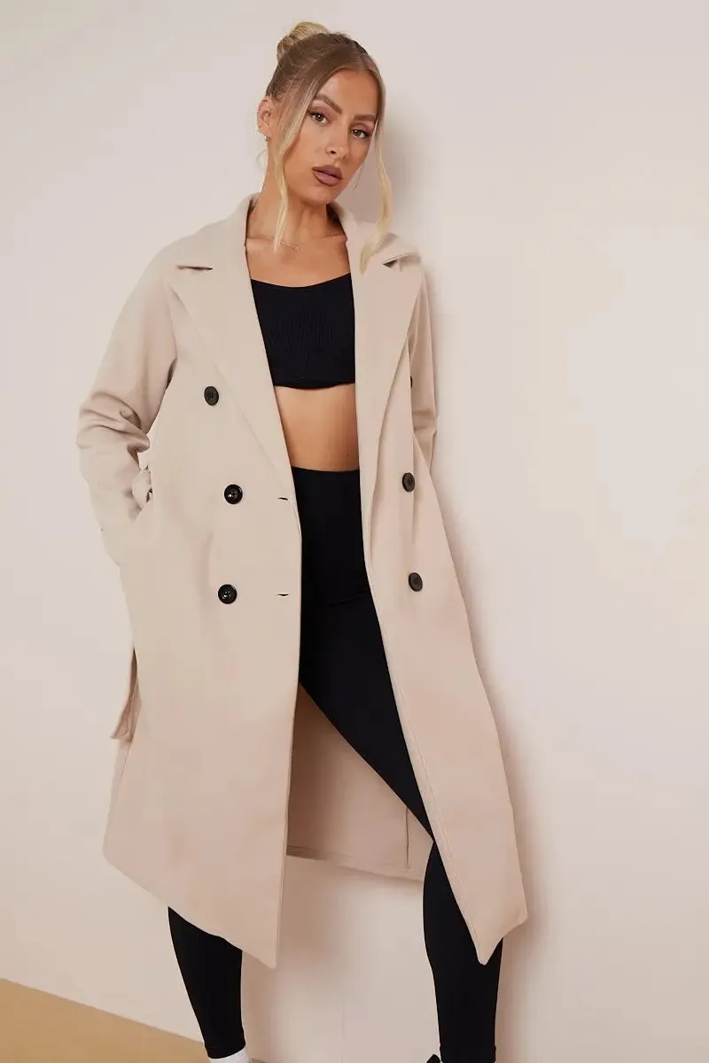 Notch Lapel Double Breasted Waist Tie Thermal Coat