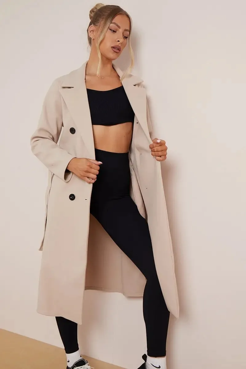 Notch Lapel Double Breasted Waist Tie Thermal Coat