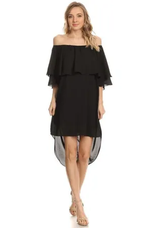 Off Shoulder Hi Low Short Sleeve Resort Mini Dress Black