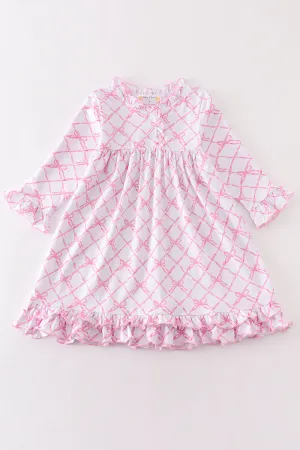 Pink Bow Tie Print Ruffle Pajamas Dress