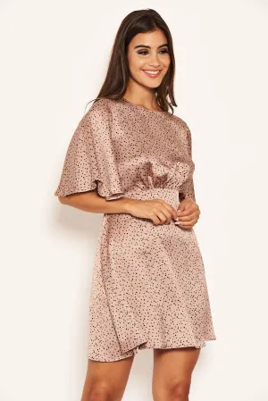Pink Polka Dot Gathered Waist Skater Dress