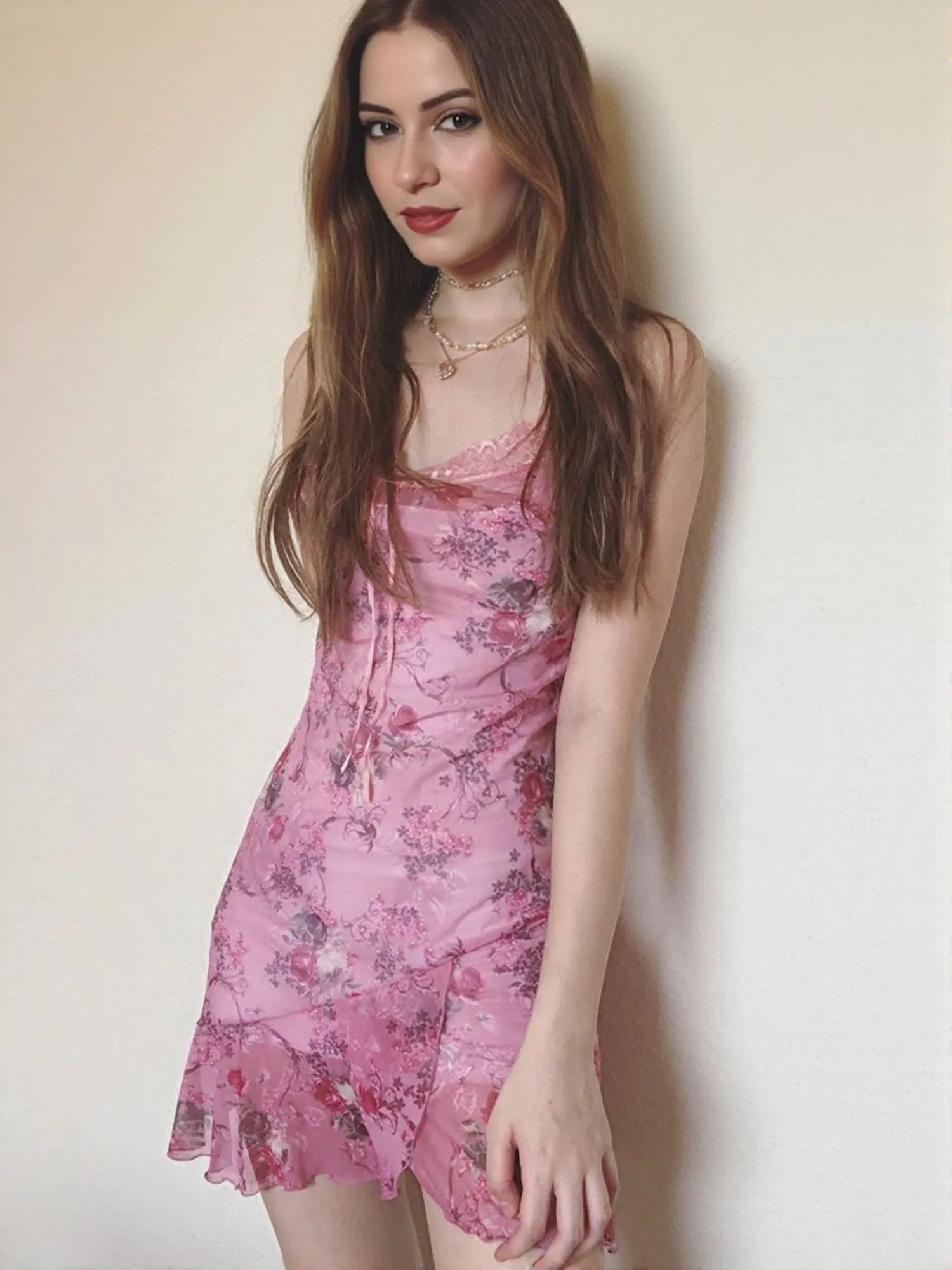 Pink Ruffle Hem Slip Dress