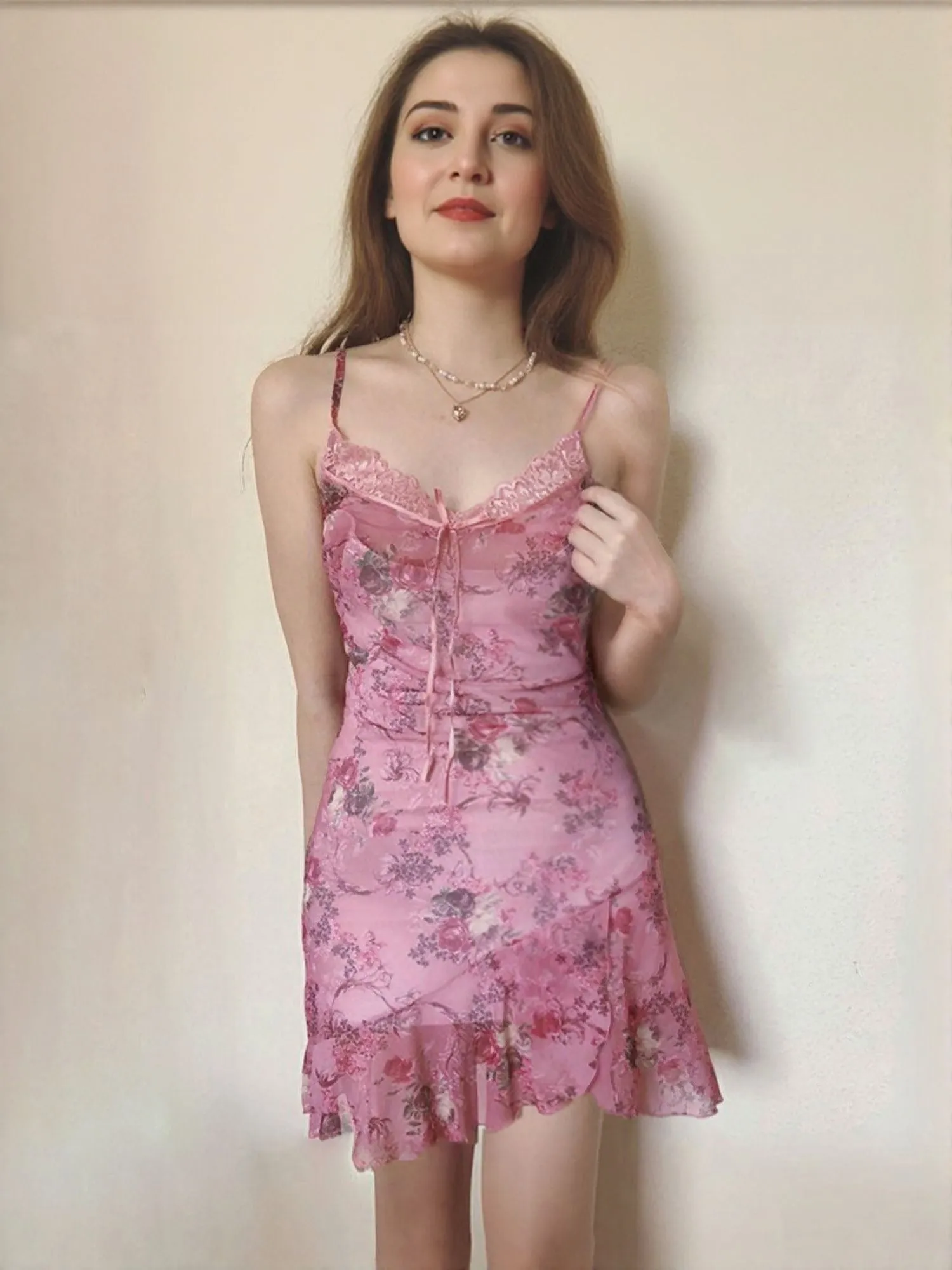Pink Ruffle Hem Slip Dress