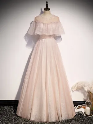 Pink Tulle Sequins Backless Prom Dresses
