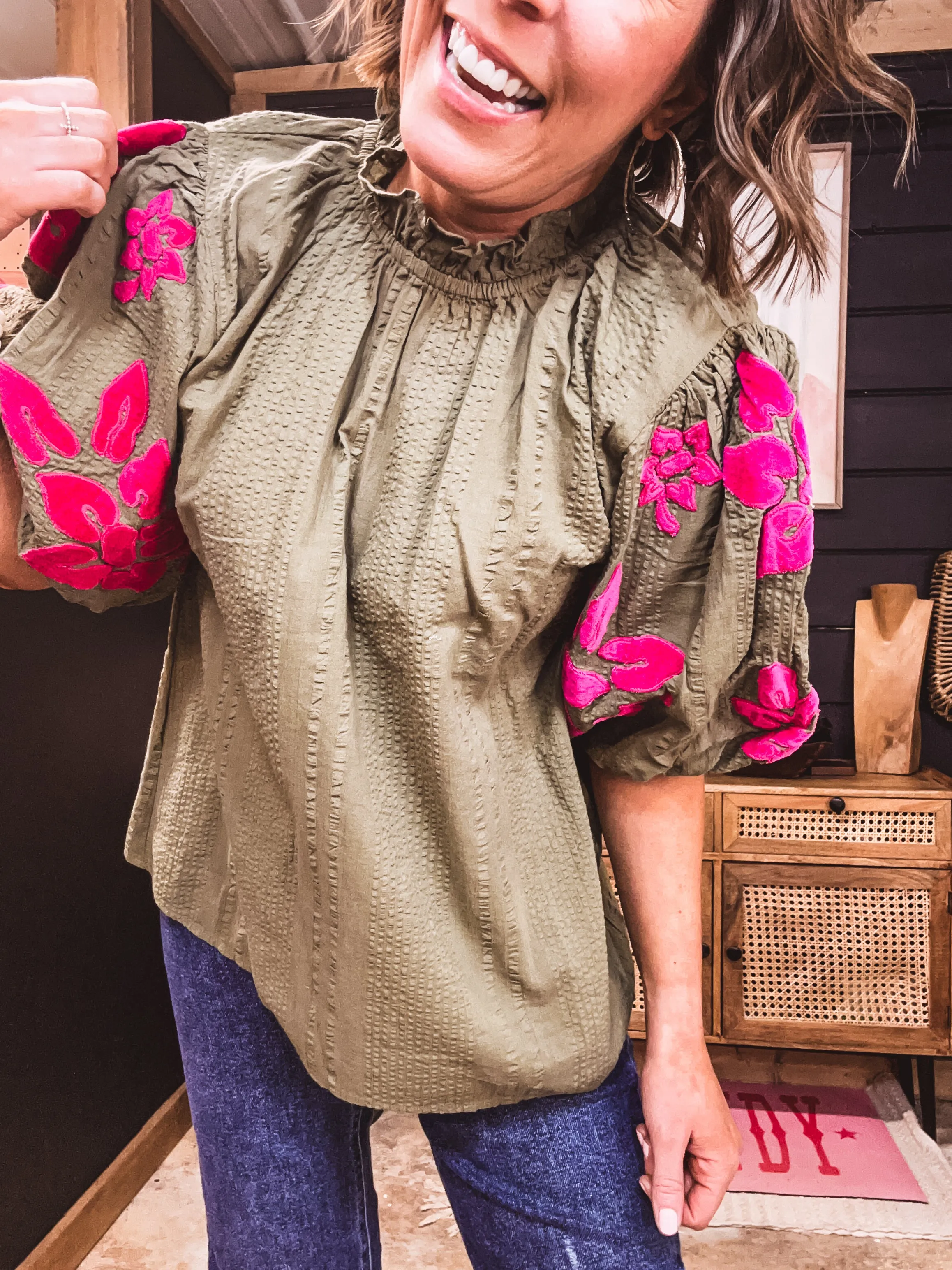 Puff Sleeve Soft Detail Textured Top